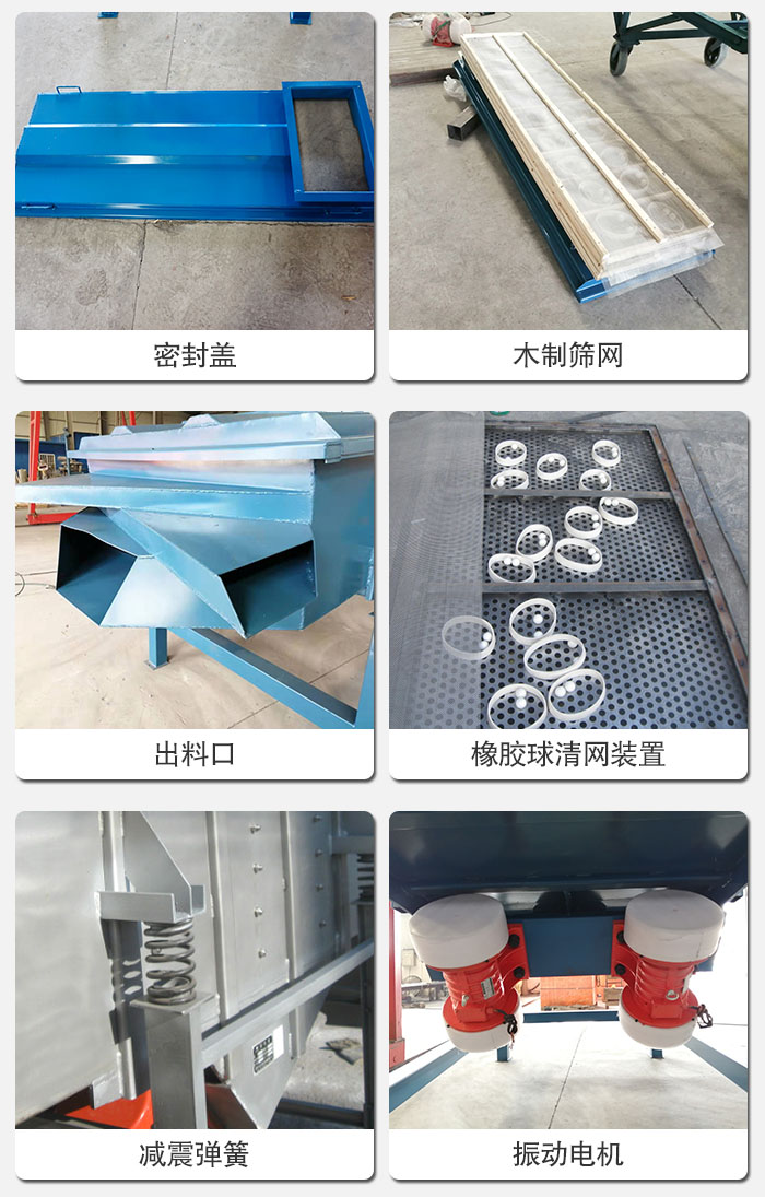 直線篩結構展示：篩網，篩箱，振動電機，振動電機座，減震彈簧，支架等部件展示圖