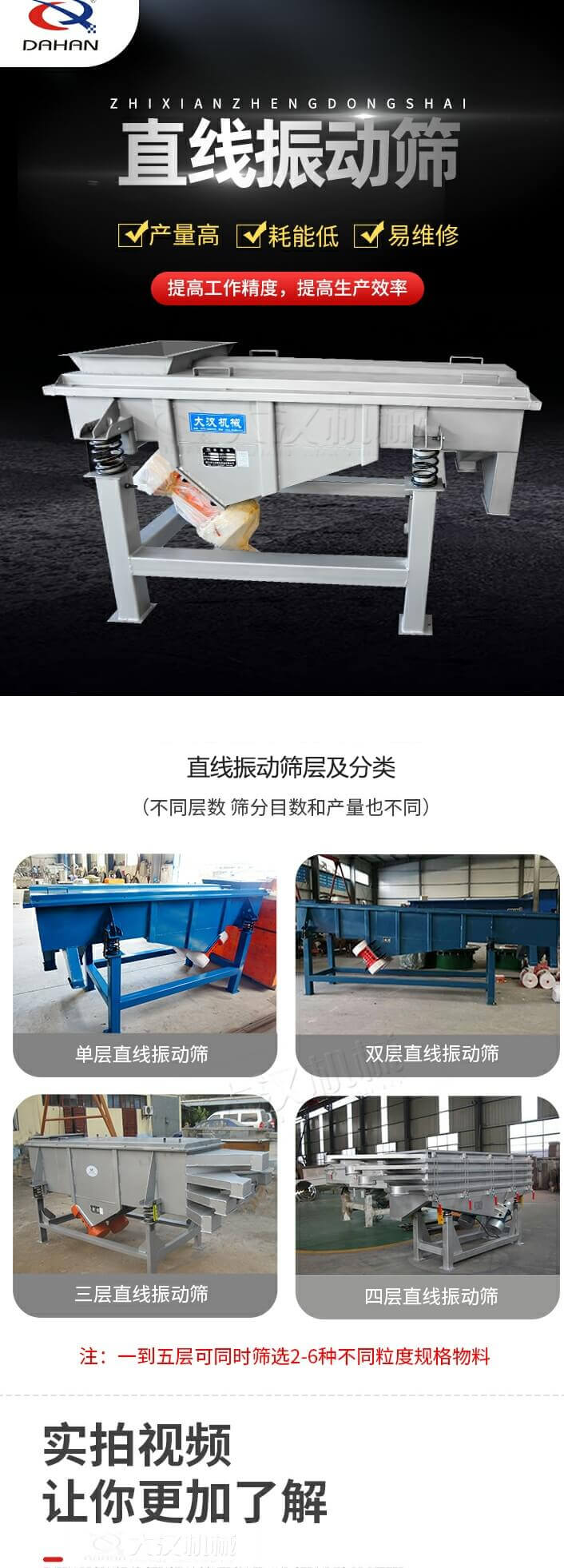直線振動篩概述，產量高，耗能低，易維修，提高工作精度，提高生產效率，直線振動篩層級分類：不同層數，篩分目數和產量也不同：單層，雙層，三層，四層等。